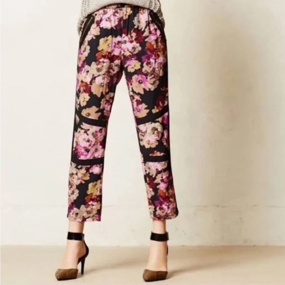 Lilka Anthropologie Huntington Beach Floral Pants S Purple Navy Elastic Waist